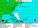 This graphic shows an approximate representation of coastal areas under a hurricane warning (red), hurricane watch (pink), tropical storm warning (blue) and tropical storm watch (yellow). The orange circle indicates the current position of the center of the tropical cyclone. The black line, when selected, and dots show the National Hurricane Center (NHC) forecast track of the center at the times indicated. The dot indicating the forecast center location will be black if the cyclone is forecast to be tropical and will be white with a black outline if the cyclone is forecast to be extratropical. If only an L is displayed, then the system is forecast to be a remnant low. The letter inside the dot indicates the NHC's forecast intensity for that time (D = Tropical Depression, wind speed less than 39 MPH; S = Tropical Storm, wind speed between 39 MPH and 73 MPH; H = Hurricane, wind speed between 74 MPH and 110 MPH, and M = Major Hurricane, wind speed greater than 110 MPH). [Graphic courtesy of NHC]