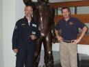 Richard Garriott, W5KWQ (left), and Kenneth Ransom, N5VHO, in front of a statue of Yuri Gagarin at the Gagarin Cosmonaut Training Centre in Star City, Russia. [Sergej Samburov, RV3DR, Photo] 